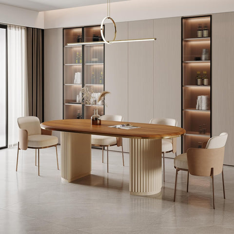 71" Oval Dining Table for 6, Brown Wood Dining Tabletop with White Dual-Pedestal, Mid-Century Modern Dining Room