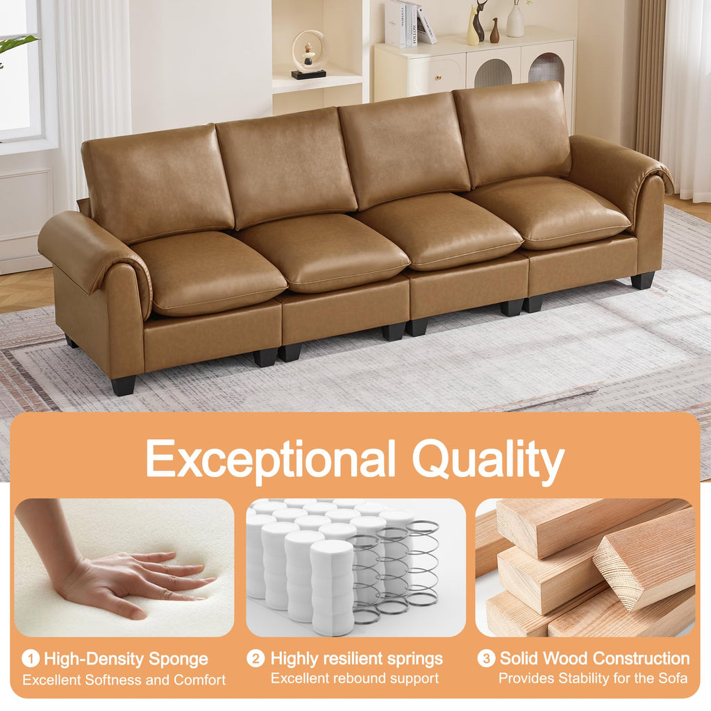 118" Faux Leather Modular Sectional Upholstered, Oversized 4 Seater Couch with Curved Armrests, Cloud Modern