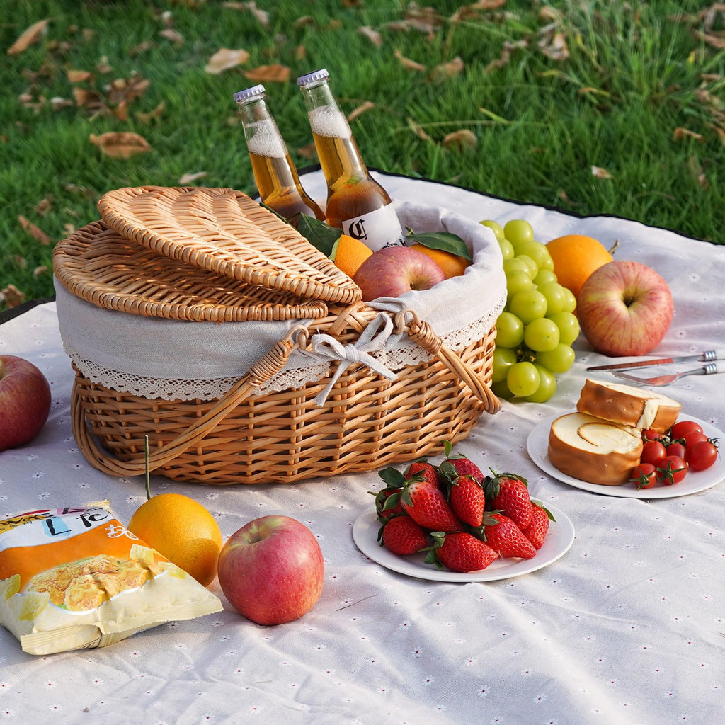 Wicker Picnic Basket with Handle & Lid, 15" Vintage Hand Woven