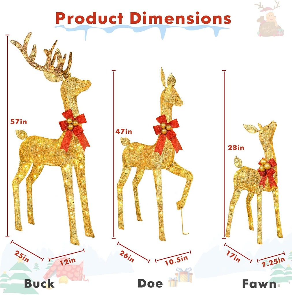 3-Piece Reindeer Outdoor Christmas Decoration, 5FT Large Lighted Christmas Deer Family Set, Outside Xmas Yard Lawn