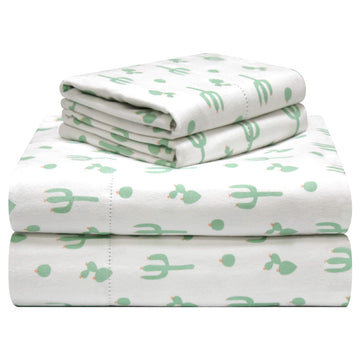 180 GSM Velvet Feel Luxury 100% Cotton Printed Flannel Sheet Set, Cactus - Warm & Cozy - Pre-Shrunk -Deep