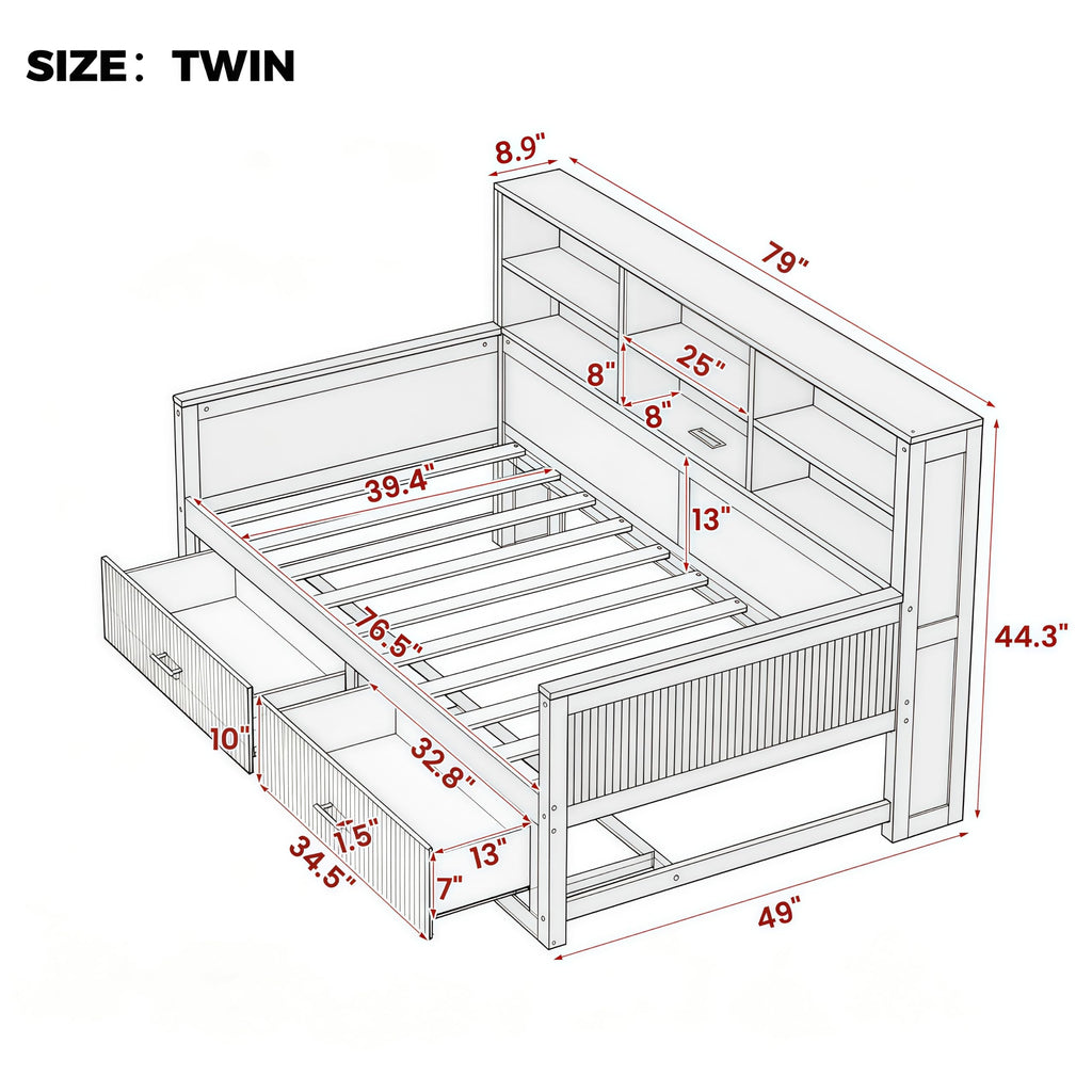 Twin Size Daybed with Storage Shelves Bookcase and Drawers, Walnut