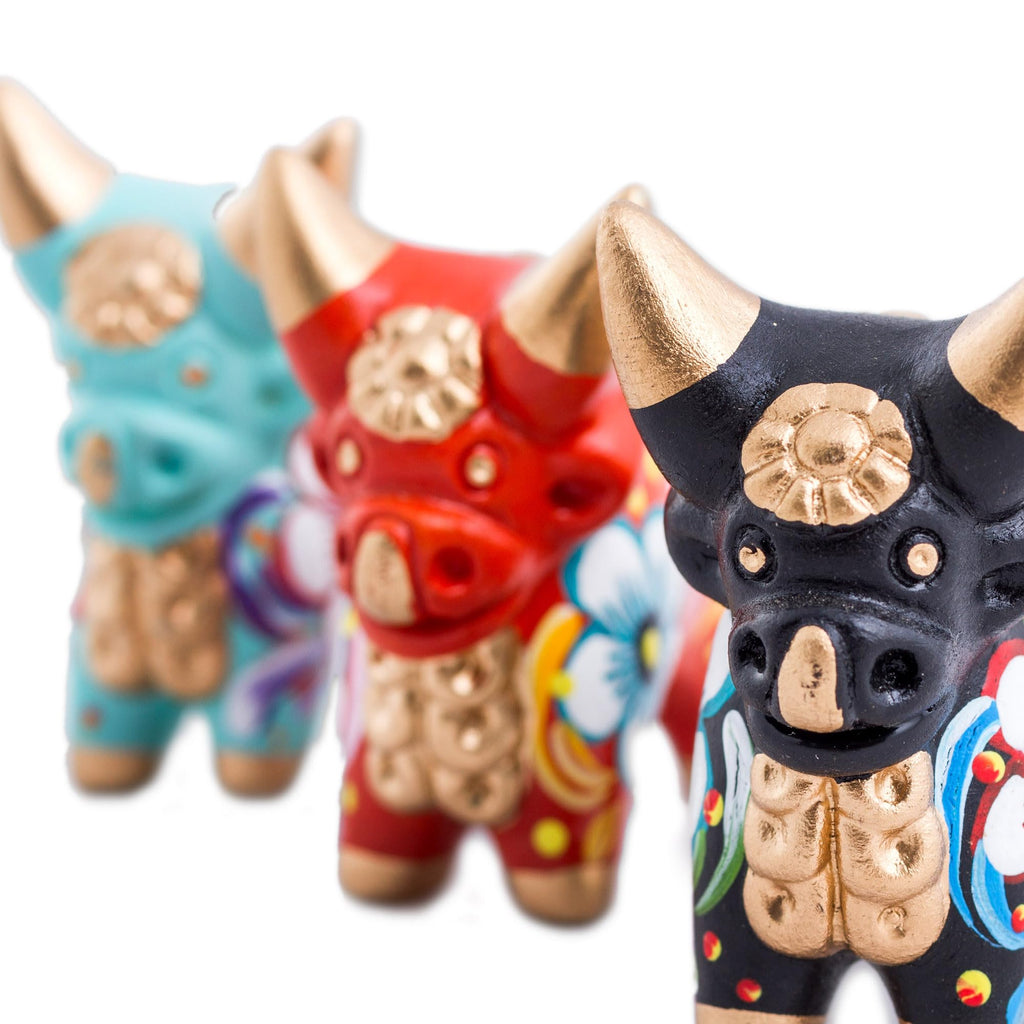 Ceramic Bull Peru | Handmade Multicolor Figurines | Animal Sculpture | Artisan Crafted Bull Figurines | Statuette