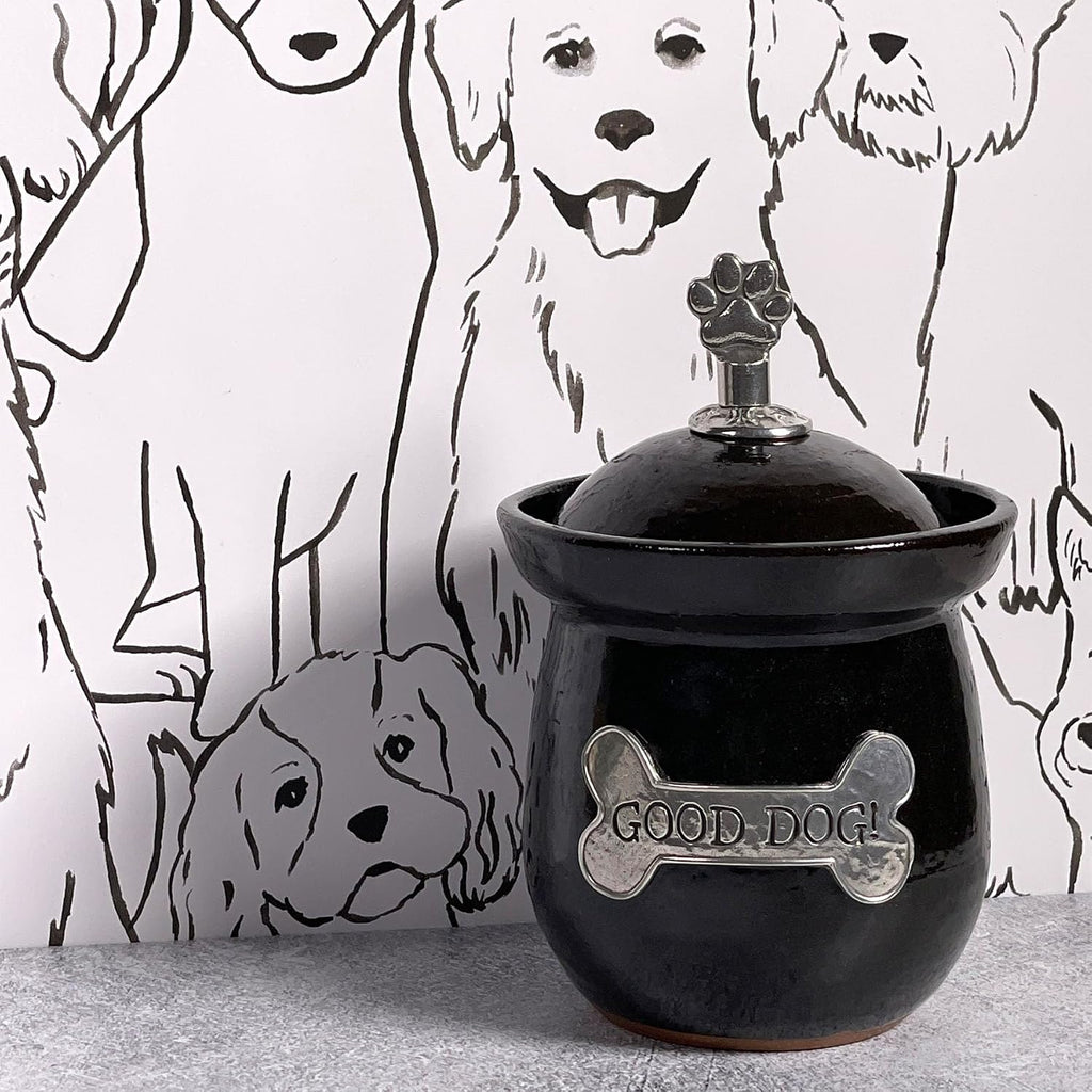 American Handmade Good Dog! Small Treat Jar with Pewter Plaque and Paw Print Finial by, Black