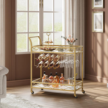 Gold Bar Cart, 2 Tier Bar Carts for The Home, Bar Carts with 4 Wheels, White Marble Finish Wood Shelf, Wine Rack &
