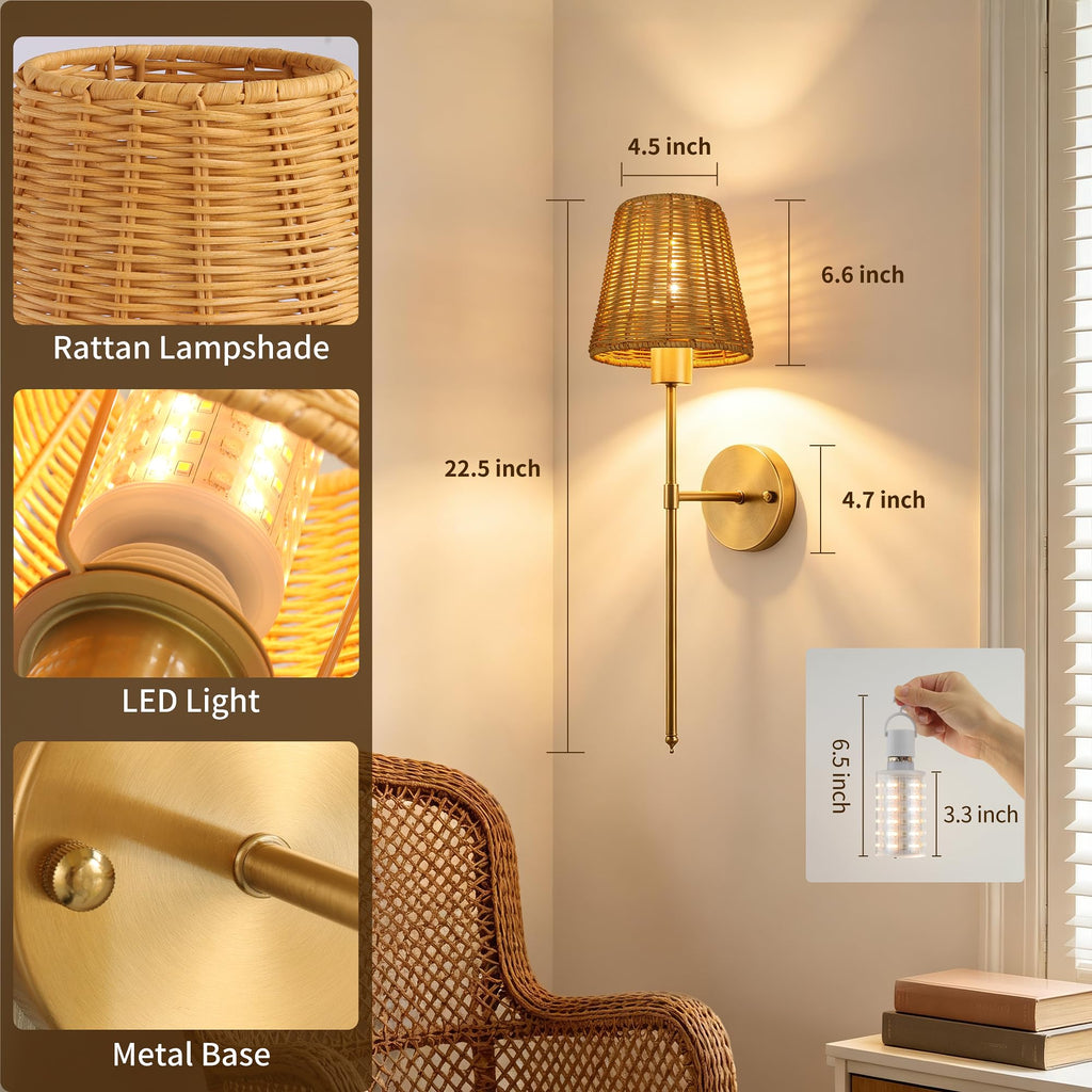 Battery Operated Wall Sconces Set of 2 with Rattan Shade, Rechargeable Wireless Wall Light with RGB Dimmable Magnetic