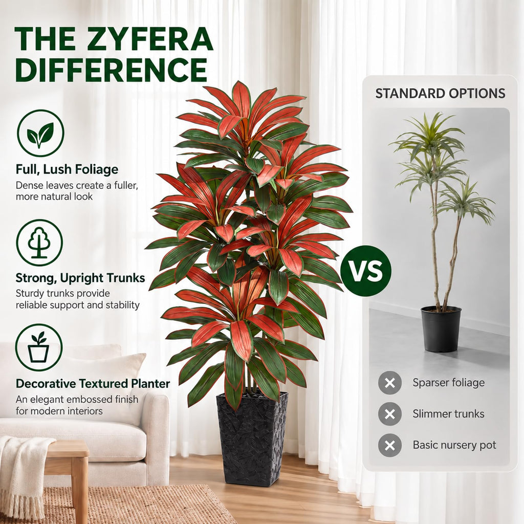 Artificial Red Dracaena Tree 6FT - Fake Tree with Black Tall Planter