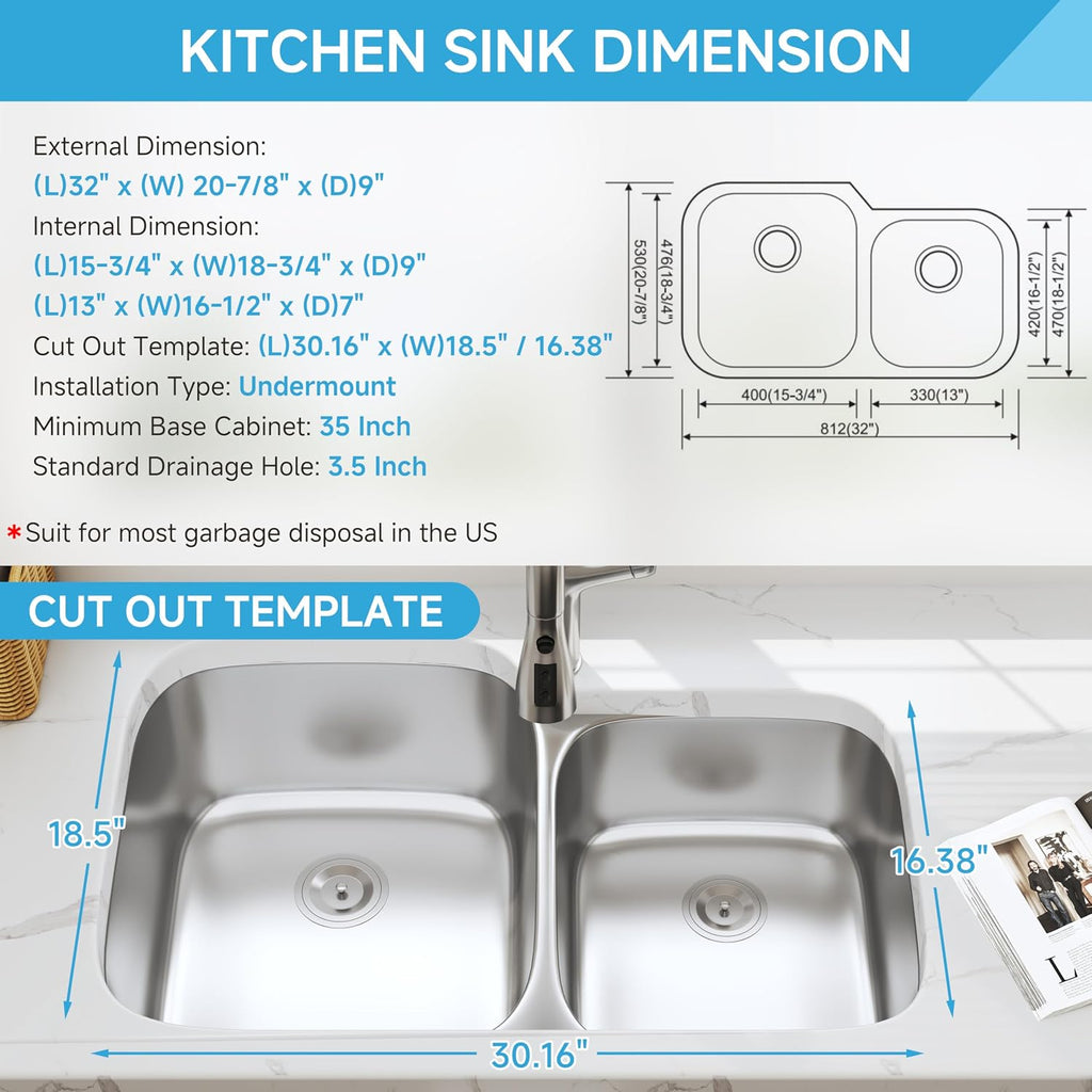 32 Inch Undermount 60/40 Double Bowl Stainless Steel Kitchen Sink | 304 Stainless Steel, 18 Gauge Thickness