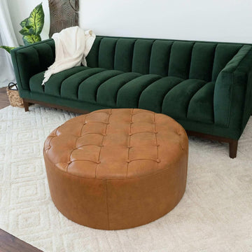 37.4" Round Leather Ottoman, Mid-Century Modern Tufted Pouf Ottoman Foot Rest, Oversized Coffee Table Ottomans