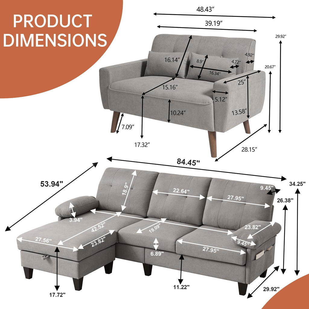 2 Pieces Sectional Sofa Set, 79" 3-Seat L Shaped Couches with Storage Ottoman and 48" Loveseat Sofa Set Polyester