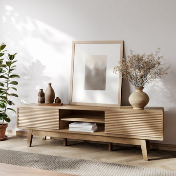 59" TV Console, Mid Century Modern TV Stand for 55/60/65 Inch TV, Low Profile Media Console with Fluted Sliding