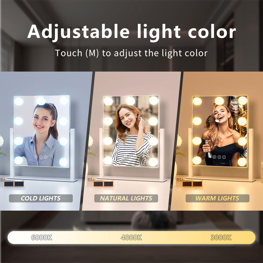 Vanity Mirror with Lights, Hollywood Vanity Makeup Mirror with 9 Dimmable LED Bulbs, 3 Color Lighting Modes