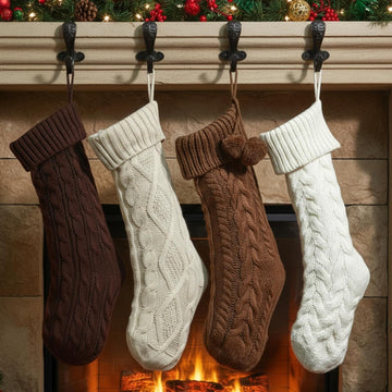 Cable Knit Christmas Stockings 18 Inch Farmhouse Large Rustic Neutral Knitted Stockings Ornaments Hanging Xmas - Set of 4