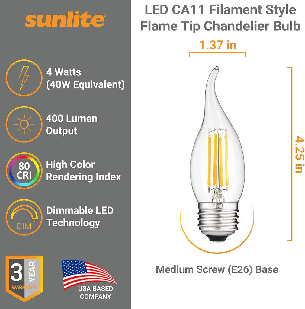 LED Filament CA11 Flame Tip Chandelier Light Bulb, 4 Watts (40W Equivalent), Medium E26 Base, Clear Glass, Dimmable