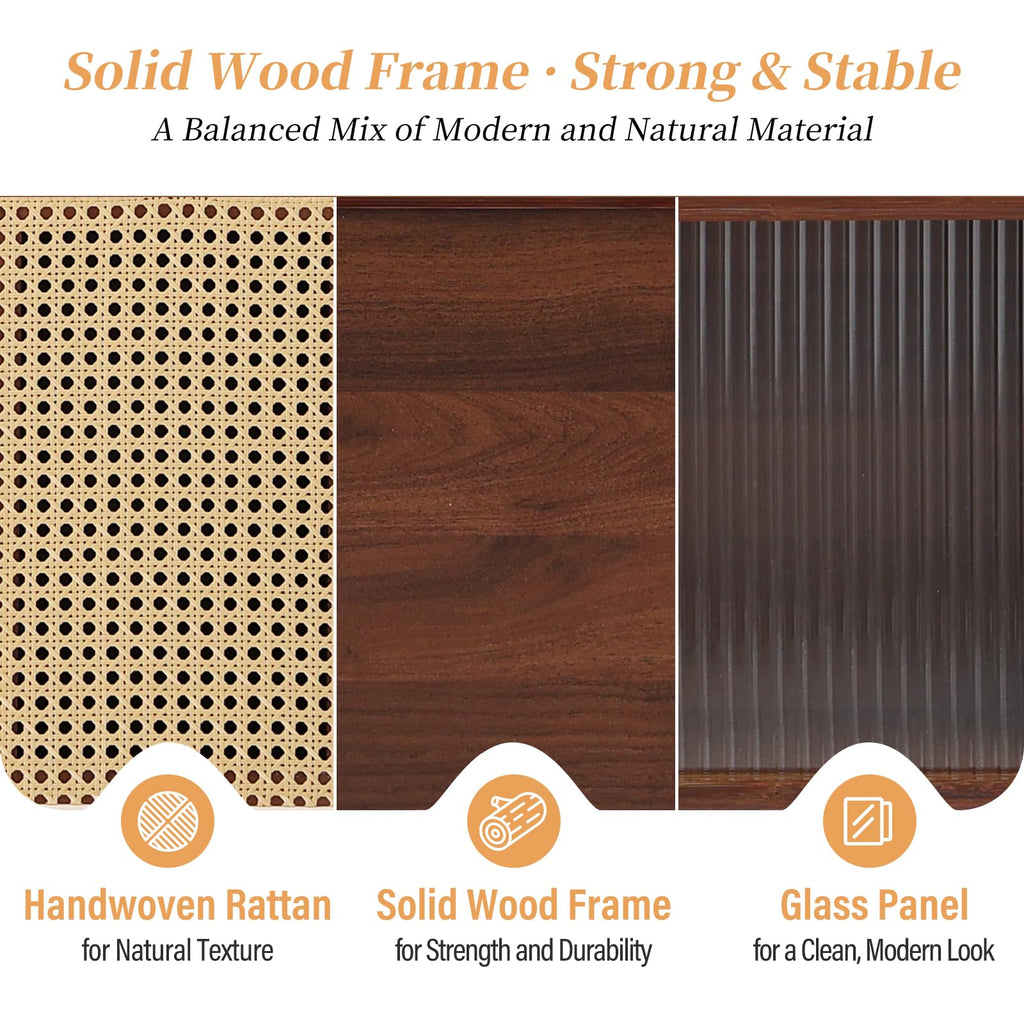 Rattan TV Stand for 55 Inch TV, Bamboo Cabinet with Storage, Walnut