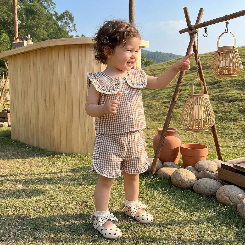 Toddler Girl Summer Outfits Plaid Bowknot Front Fly Sleeve T-shirt Tops Kids Girl Shorts Clothes Set