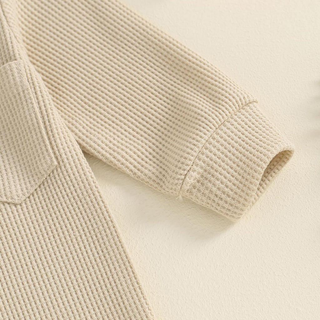 Newborn Baby Boy Waffle Knit Collared Romper Jumpsuit Solid Button Long Sleeve Bodysuit One-Piece Fall Winter Outfit