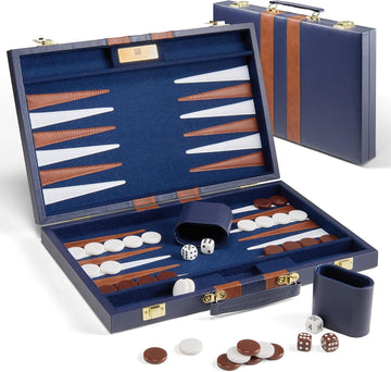 15 inch Backgammon Sets for Adults - Classic Board Game with Premium Sea Blue Leather Case - Travel Backgammon Set - Set of 32