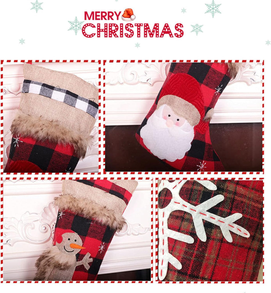 BRvieluck Christmas Stockings Set of 6 Buffalo Red Plaid with Soft Faux Fur for Family Fireplace Hanging Large 20
