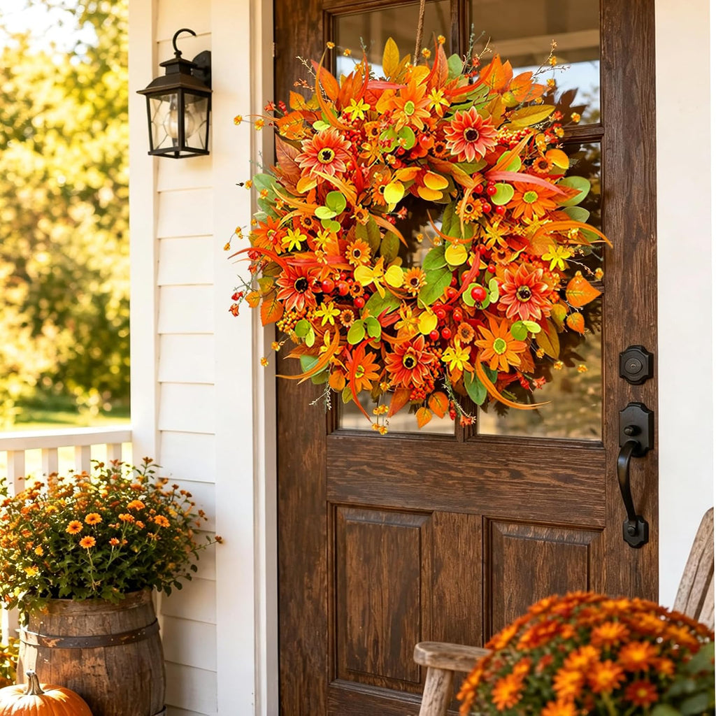 Fall Wreath for Front Door, 24 Inch Autumn Wreath with Berries,Lemon Leaves, Oak Leaves, and Maple Leaves Fall