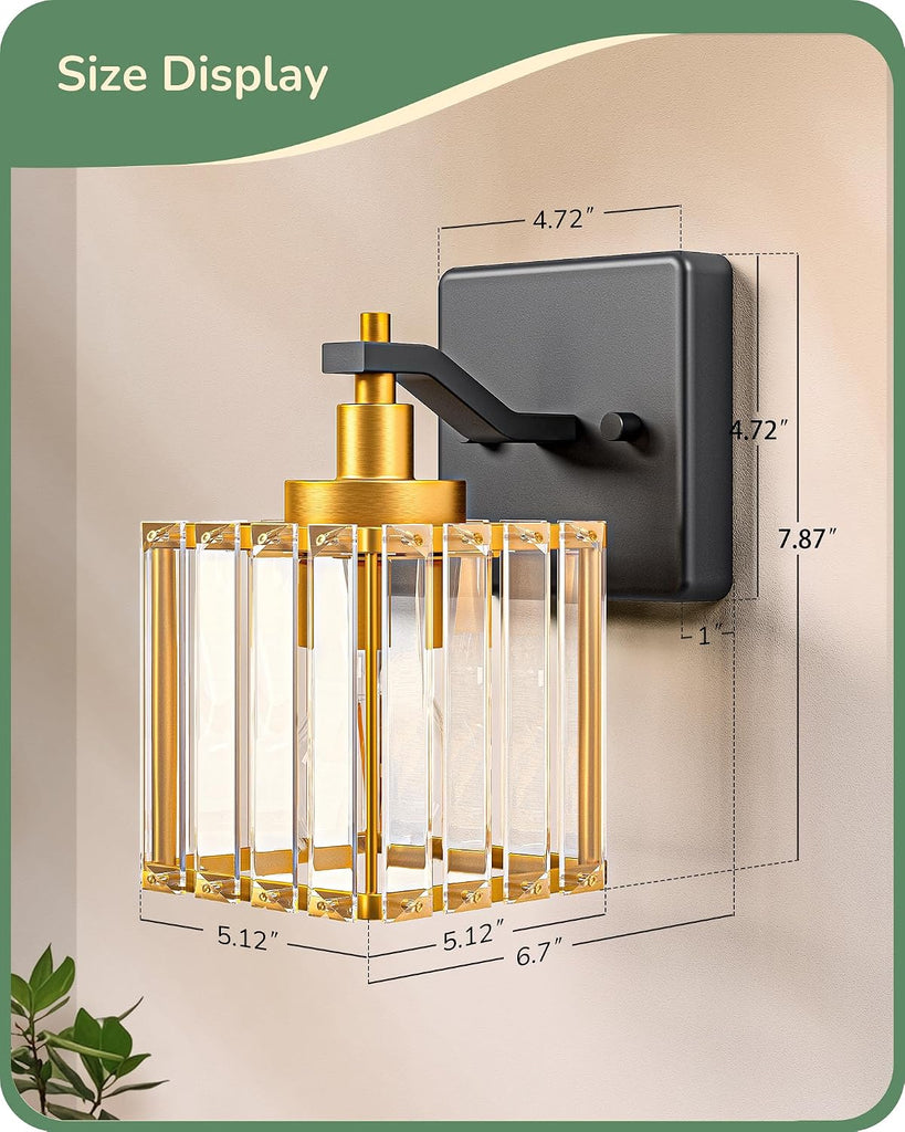 Wall Sconces Set of Two, Bathroom Light Fixtures with Crystal Shade, Modern Vanity Lights, Black Gold Lighting