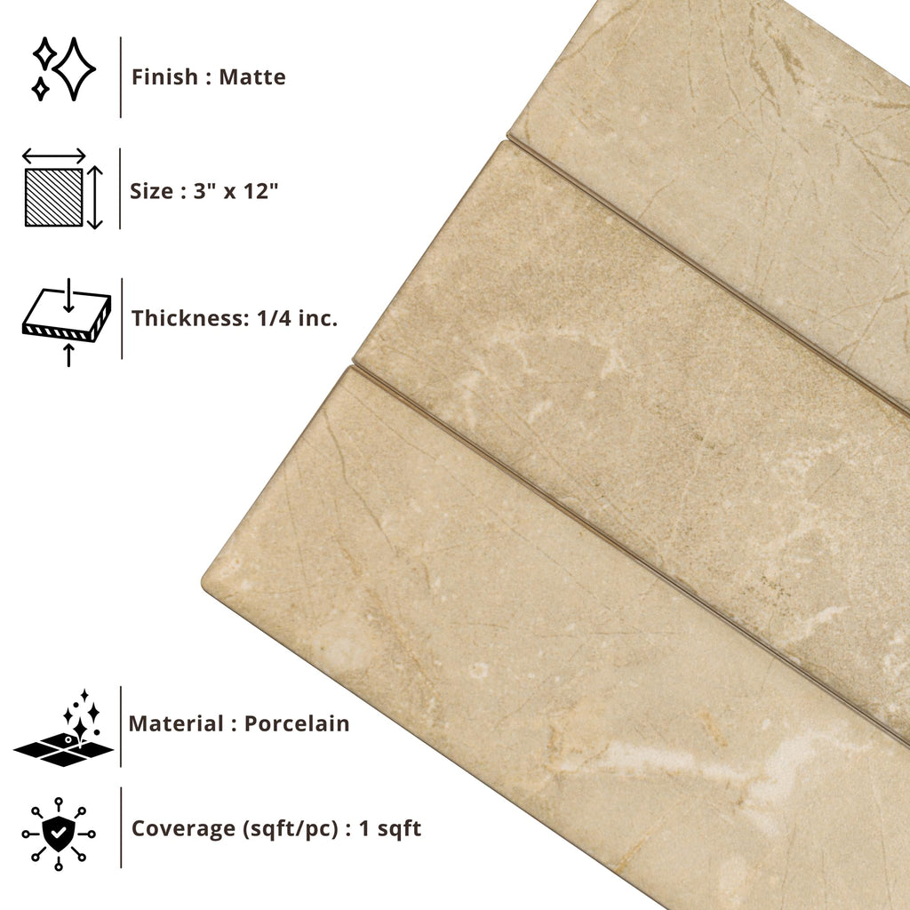 Soft Beige 3x12 Matte Porcelain Subway Tile - Stone Look Wall Tile Backsplash, Bathroom & Shower Walls (50 Pieces