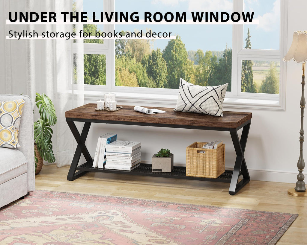 Rustic Brown Entryway Bench, 47" Industrial Shoe Bench with Storage