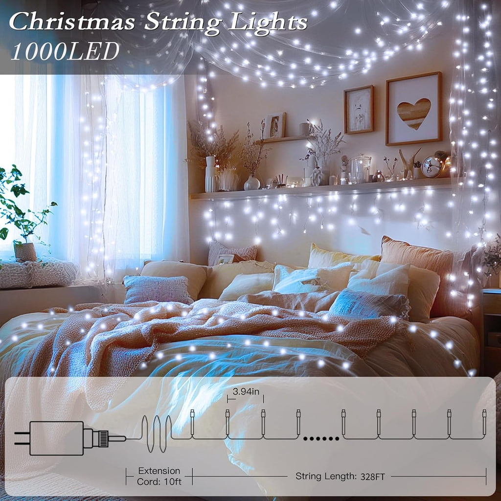 328FT 1000 LED Christmas Tree Lights, Bright Cool White Outdoor Christmas String Lights , Fairy Lights with 8 Modes
