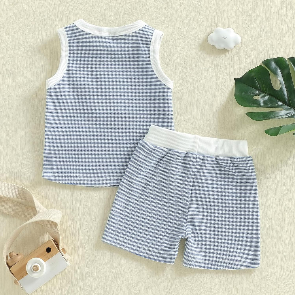 Toddler Baby Boy Stripe Waffle Sleeveless Shirt Shorts Set