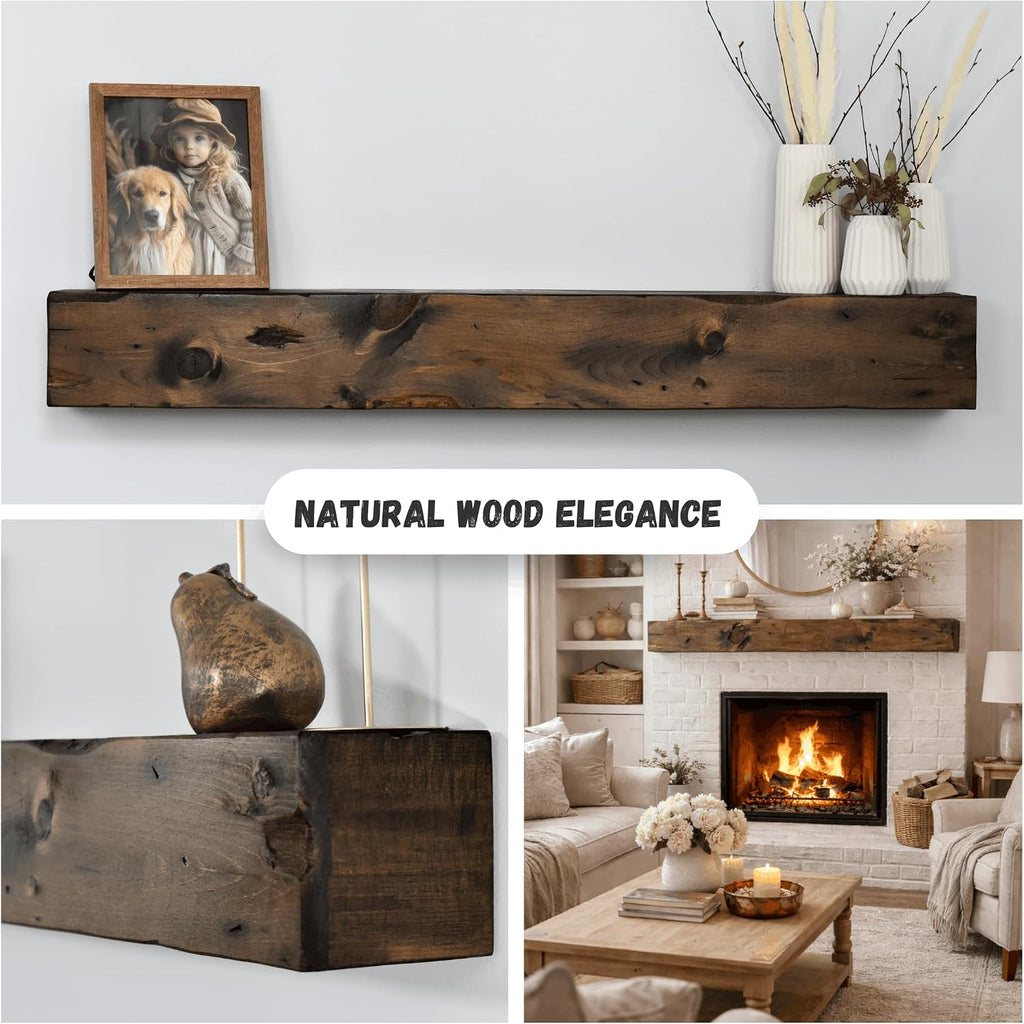 Dark Brown Shelf 66Lx6Hx6D - Solid Wood & Floating Mantel Shelf, Rustic Wooden Mantel, Handcrafted Fireplace