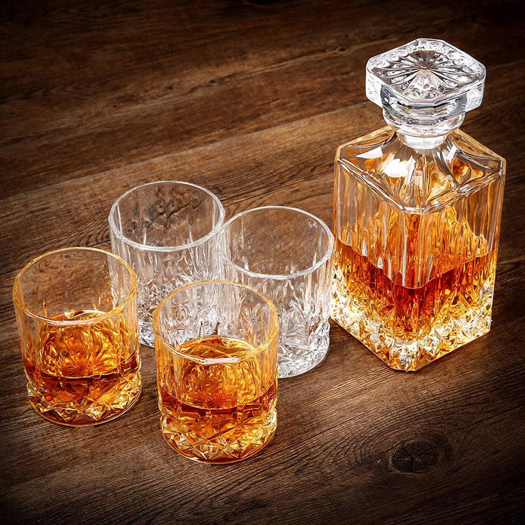 Whiskey Decanter Set for Men - Whiskey Decanter with 4 Whiskey Glasses in Gift Box, Non-Lead Glass for Bourbon - Set of 5