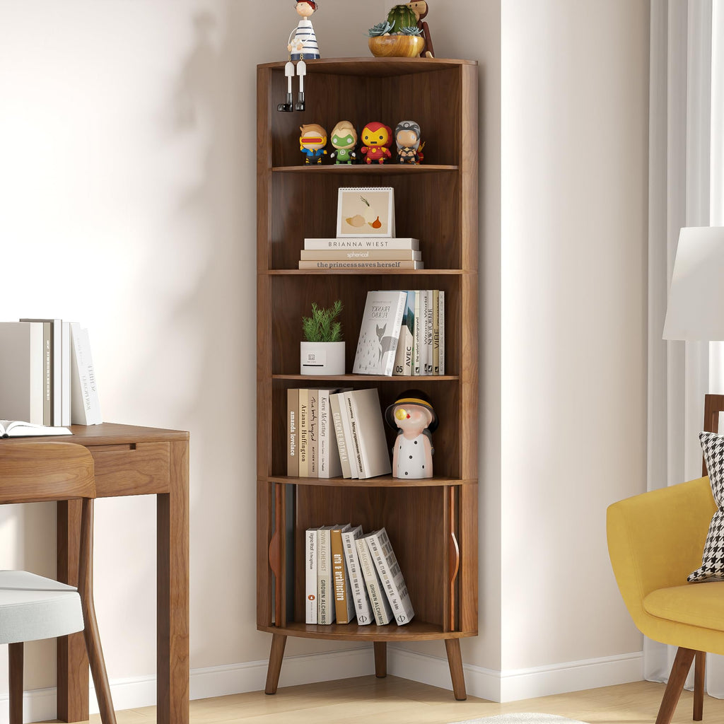 66'' Tall Corner Bookshelf with 2 Fluted Sliding Doors, Walnut