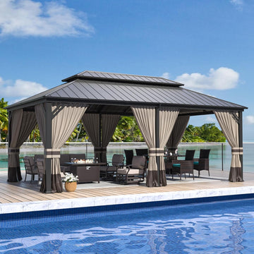 12'x20' Hardtop Gazebo, Outdoor Double Roof Canopy with Netting and Curtains, Galvanized Metal Frame