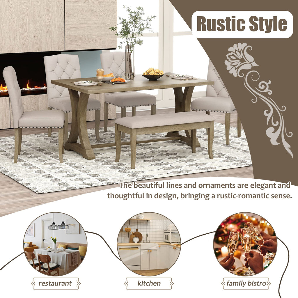 6-Piece Kitchen Dining Table Set, Farmhouse Dining Table Set with Rectangular Table and 4 Upholstered Chairs & Bench