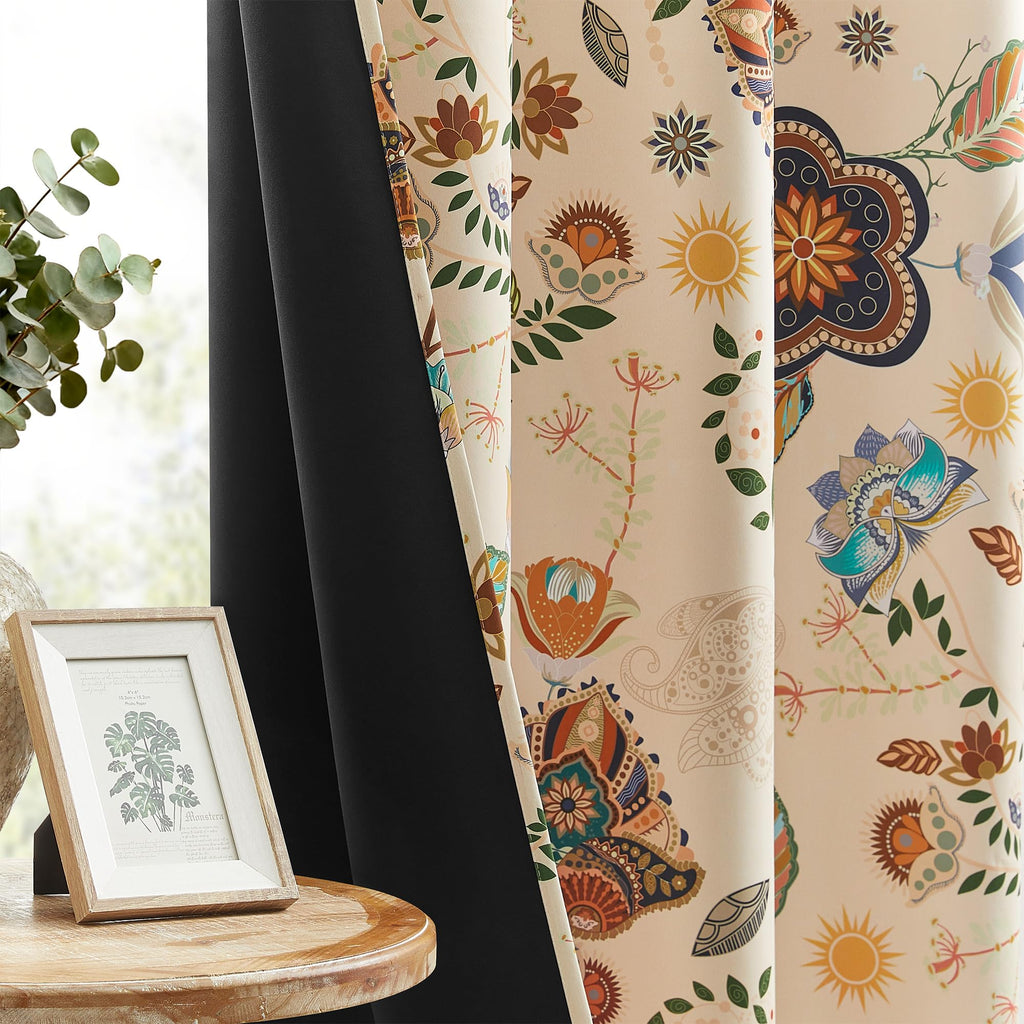 Boho Beige Floral Curtains 120 Inches Long 2 Panels Patterned Curtains