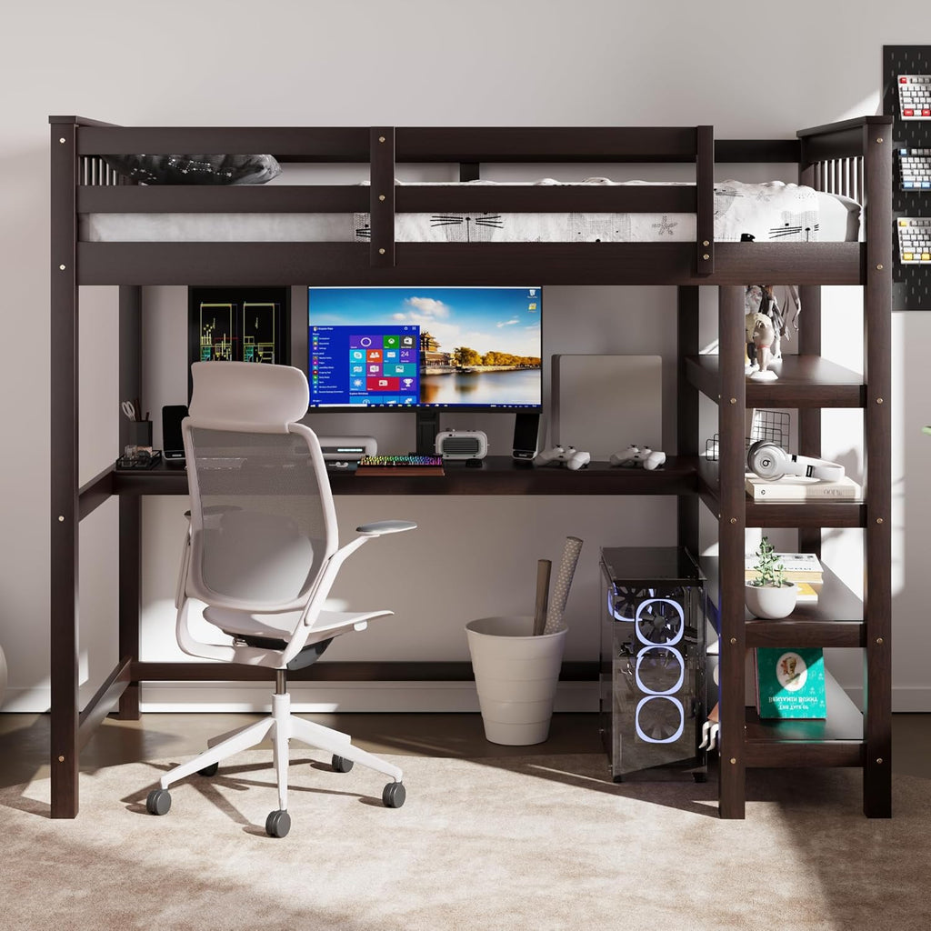 Wood Loft Bed with Desk and Shelves : Twin Bed with Storage Shelves and Under-Bed Desk, Twin Loft Bed, Espresso Color