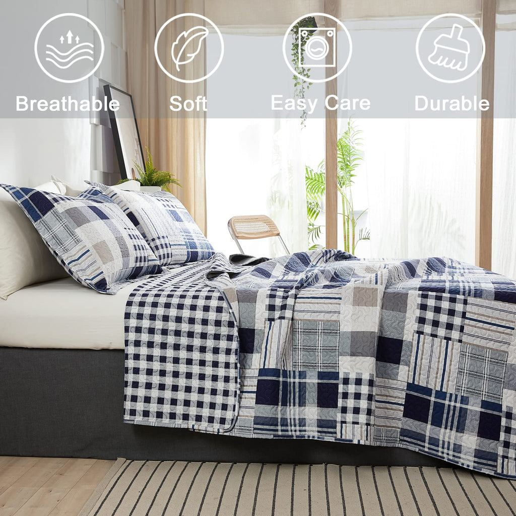 3 Pcs Patchwork Bedding Plaid Quilts Set Navy Blue Buffalo Bedspreads Summer Lightweight Coverlet with