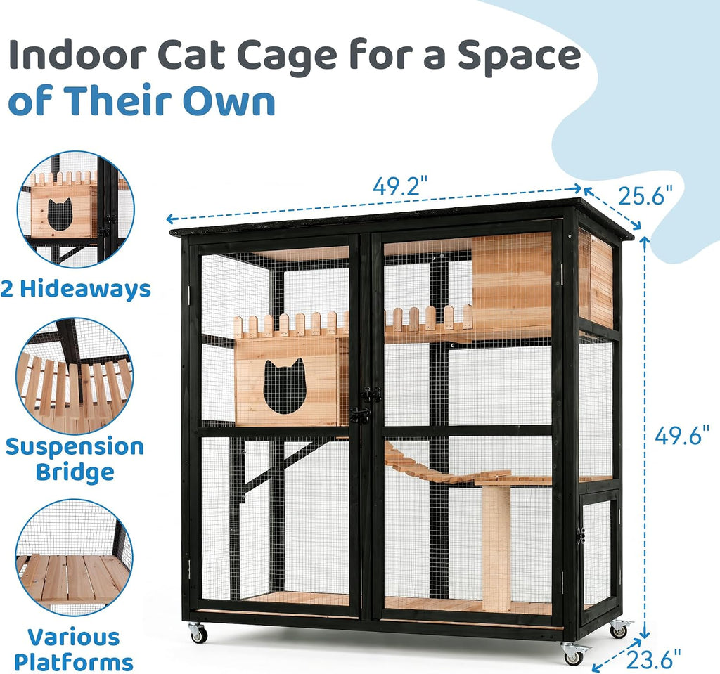 Catio Outdoor Cat Enclosure, 4-Level Wooden Cat Enclosure with Wheels