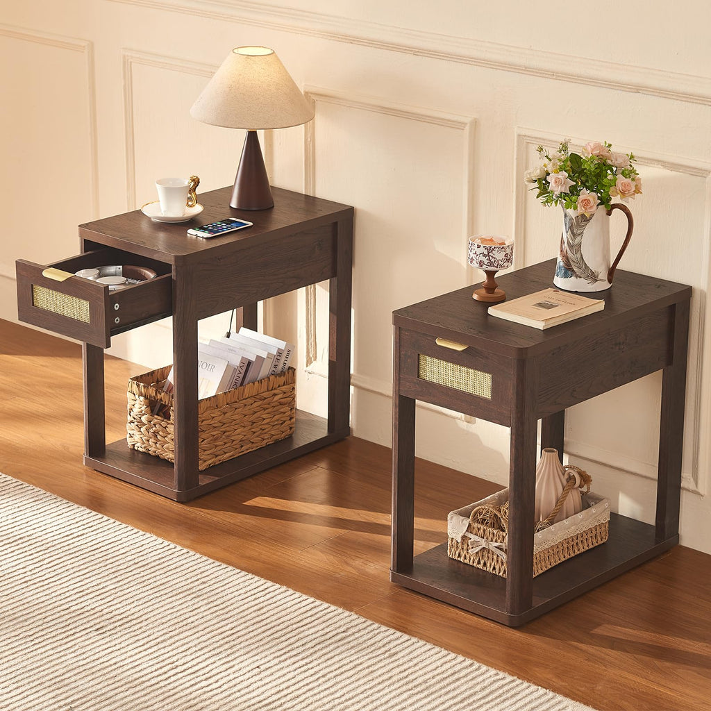 Narrow Side Table Set 2 with Charging Station, Rattan 24 x 14''