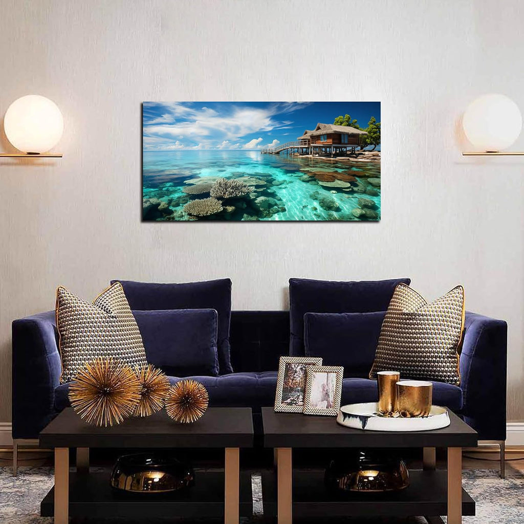 Ocean Scenic Canvas Wall Art, Blue Seascape Wall-Decor Picture , Ocean Scenery Canvas Decoration, Coastal Landscape
