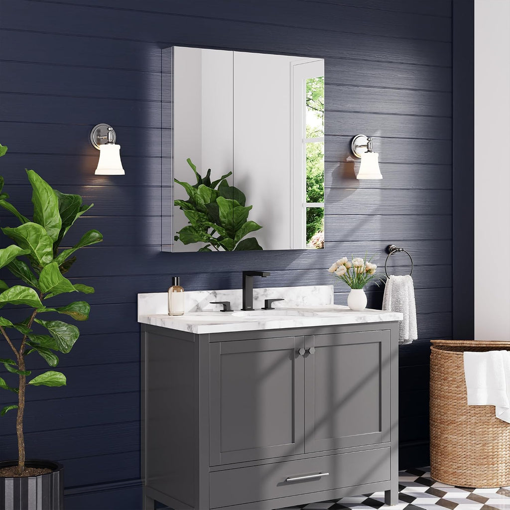 32" x 36" Medicine Cabinet with Mirror, Bathroom Mirror Cabinet | Anodized Chrome Aluminum Frame, Adjustable Shelves
