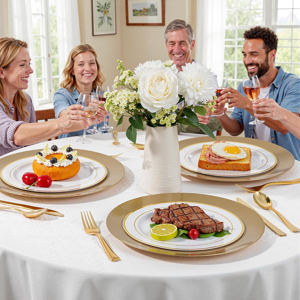 12Inch Plastic Charger Plates - 25Pack Gold Charge for Dinner - Disposable Gold Charge Plates - Set of 25