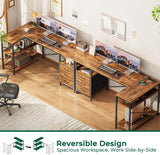 L Shaped Gaming Desk with Power Outlets, 55 Inch Computer Desk with 3 Drawers, Shelves