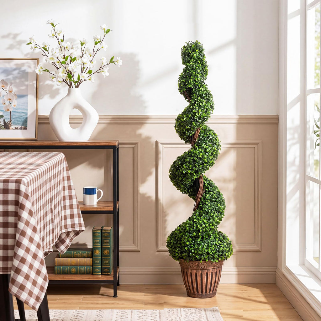 4 Ft Artificial Boxwood Spiral Topiary Tree, Fake Greenery Plants, Leaves & Cement-Filled Plastic Flower Pot