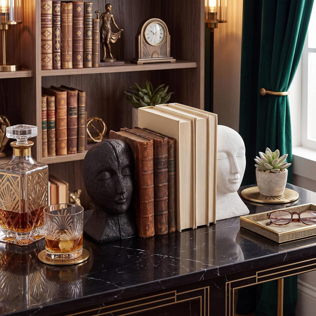 Heavy Duty Book Ends for Shelves, Solid Concrete Sculptural Faces Bookends for Heavy Books, Modern Decorative Book