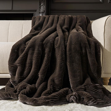 Faux Rabbit Fur Throw Blanket, 50''x60'', Dark Brown | Ultra Soft, Luxury Sculpted Texture Faux Fur Blanket, Fluffy