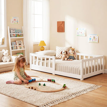 Toddler Bed, Toddler Floor Bed with Safety Guardrails, Wood Montessori House Bed with Roof, Low Toddler Bed Frame