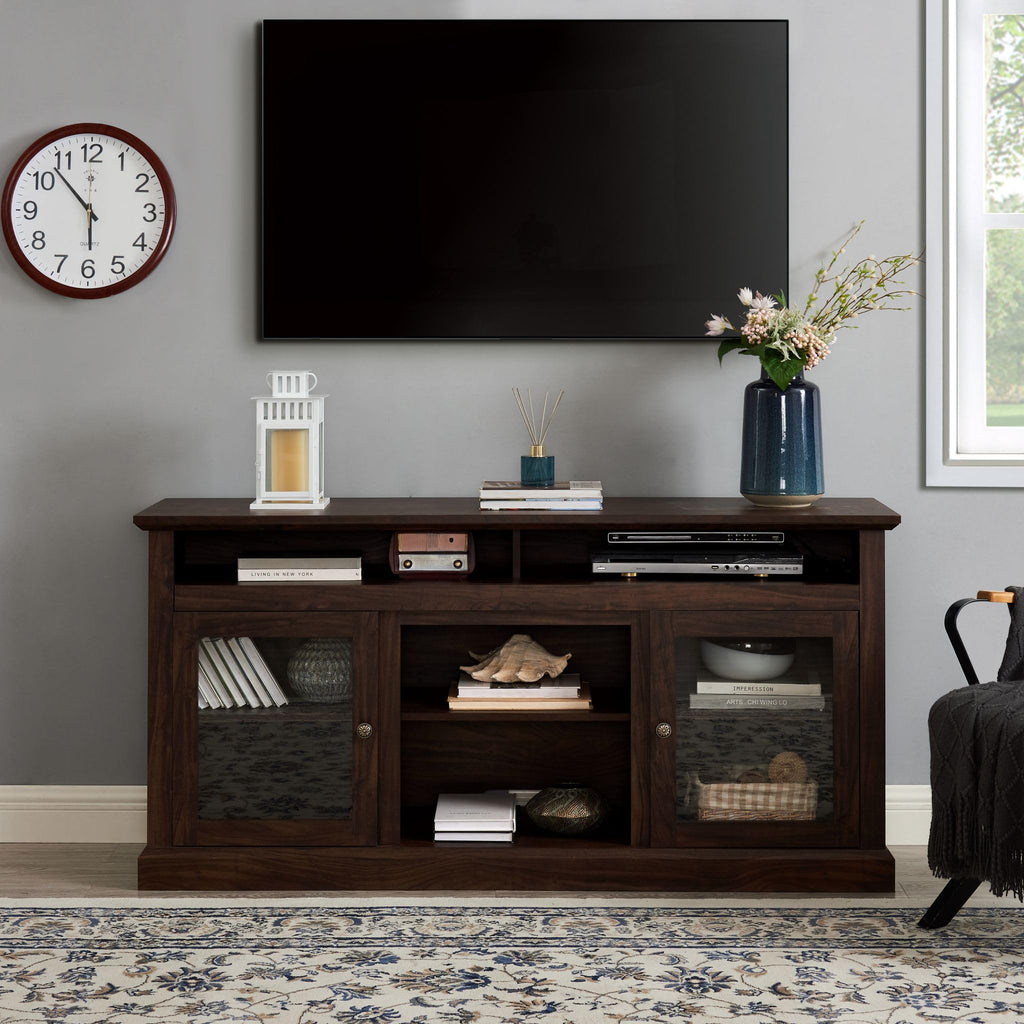 Traditional TV Stand with Glass Doors, 60''W Media Entertainment Center for TVs up to 65'', Entertainment Console