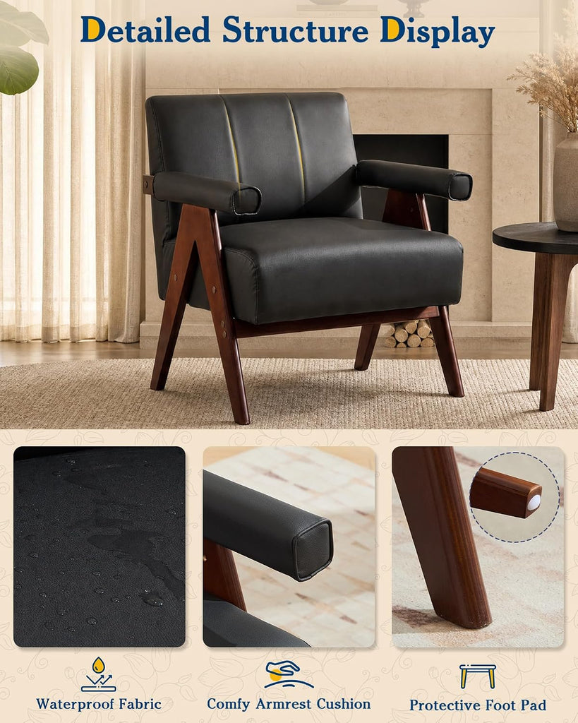 Mid Century Modern Black Faux Leather Accent Chair Set 2 Solid Wood Frame - Set of 2