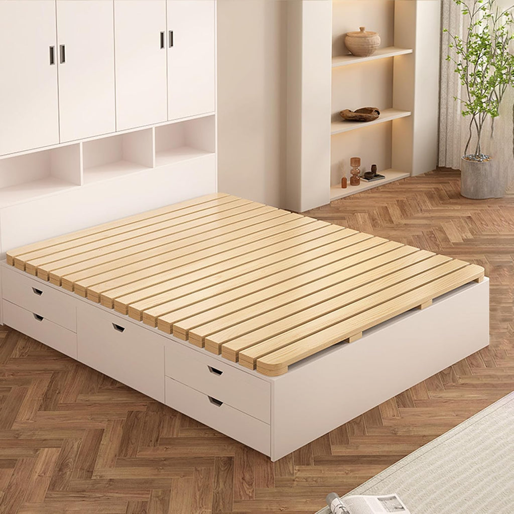 Solid Wood Slatted Bed Frame, Japanese Floor Platform, Natural Wood, 74.8" x 59", Foldable Roll-Up Design, No